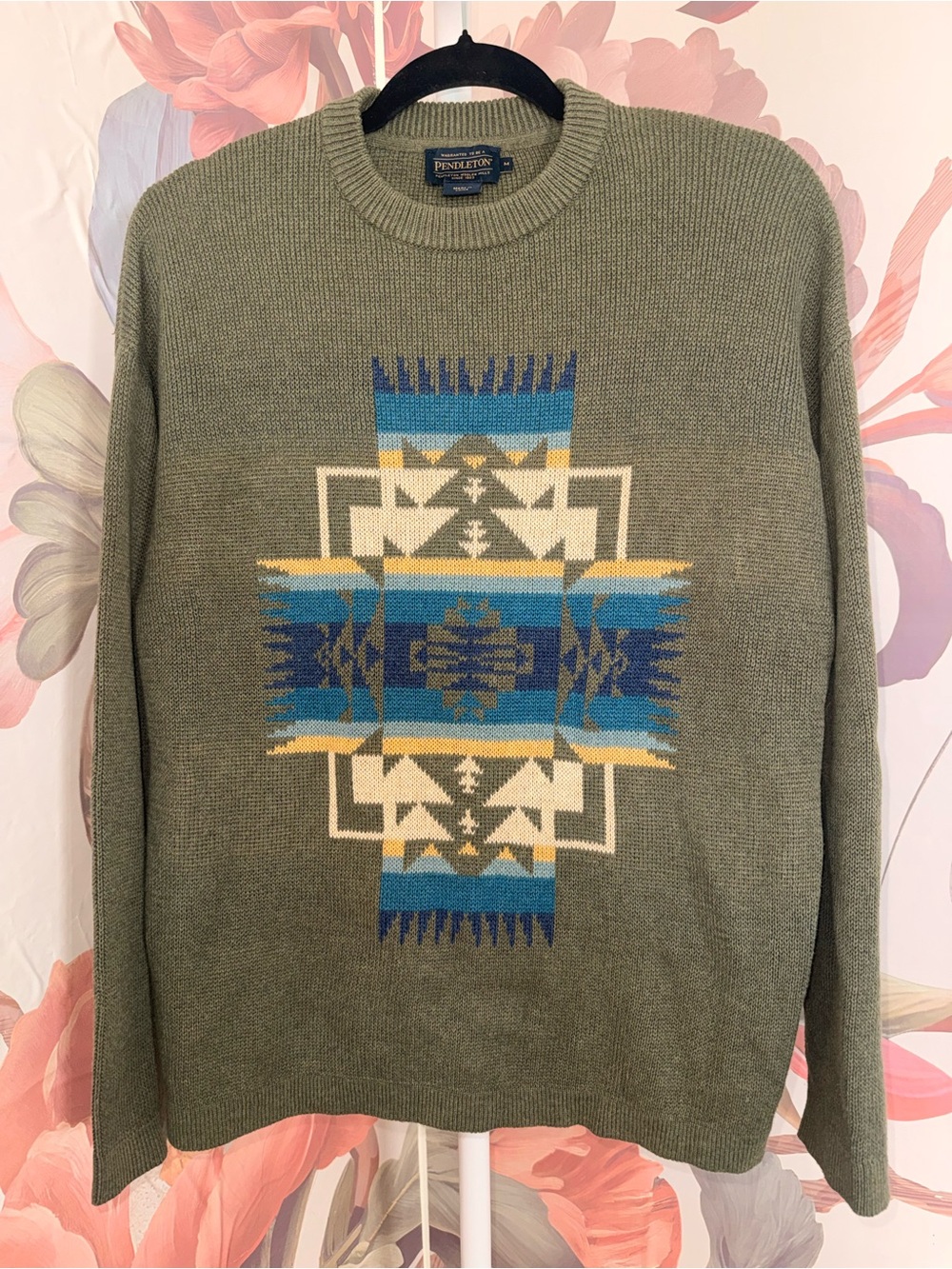 Pendleton Men's Olive Green Geometric Crewneck Cotton Sweater - Medium